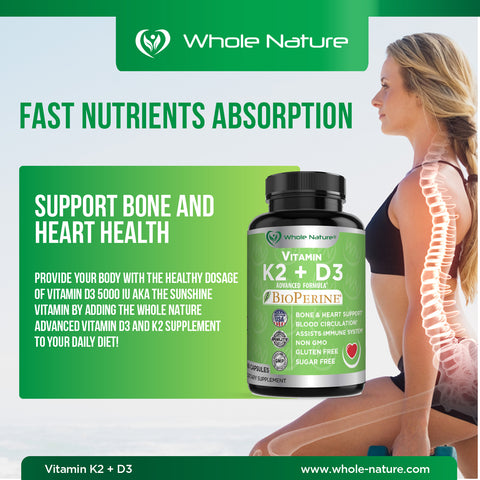 Whole Nature K2 (MK7)+D3 Plus Calcium - Whole Nature Vitamins & Supplements